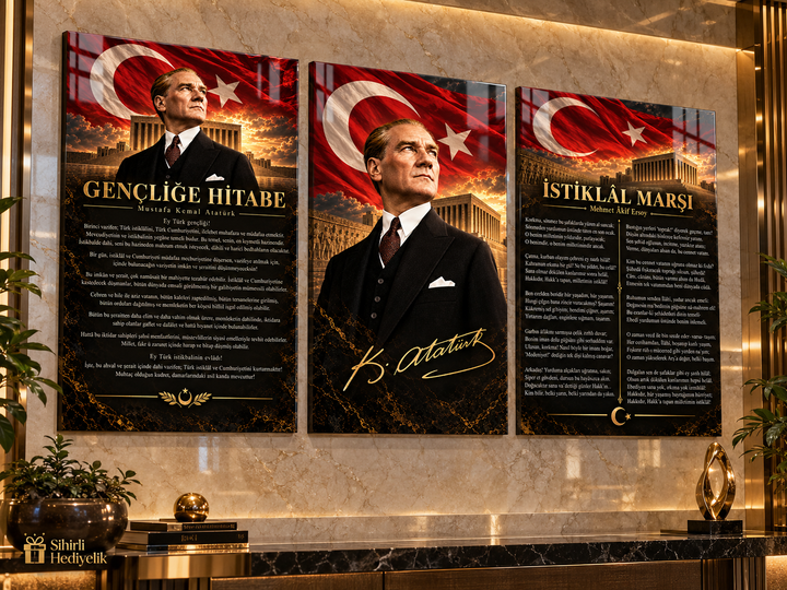 Atatürk, Gençliğe Hitabe ve İstiklal Marşı Cam Tablo Seti – Model 23