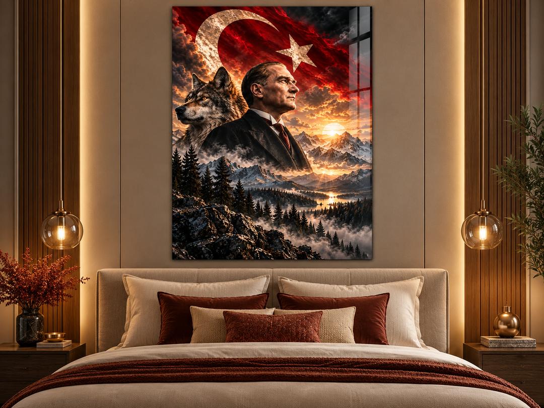 Atatürk Portresi ve Bozkurt Türk Bayrağı Temperli Cam Tablo – görünüm 3