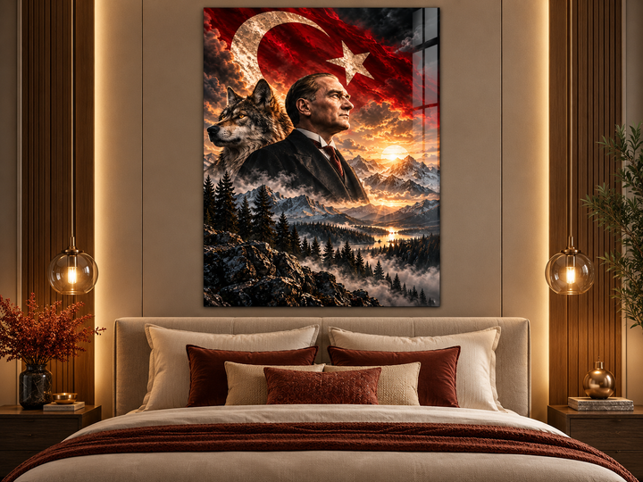 Atatürk Portresi ve Bozkurt Türk Bayrağı Temperli Cam Tablo – görünüm 3