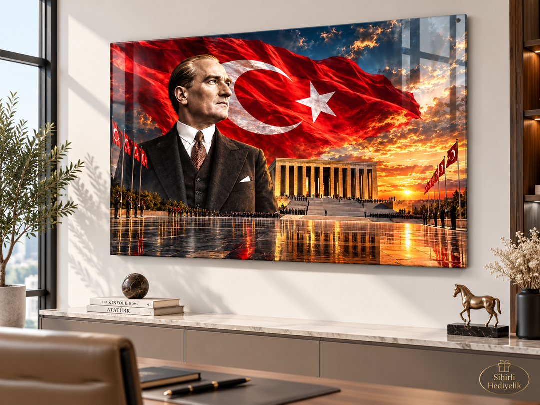 Atatürk ve Türk Bayrağı Temalı Temperli Cam Tablo – Model 01