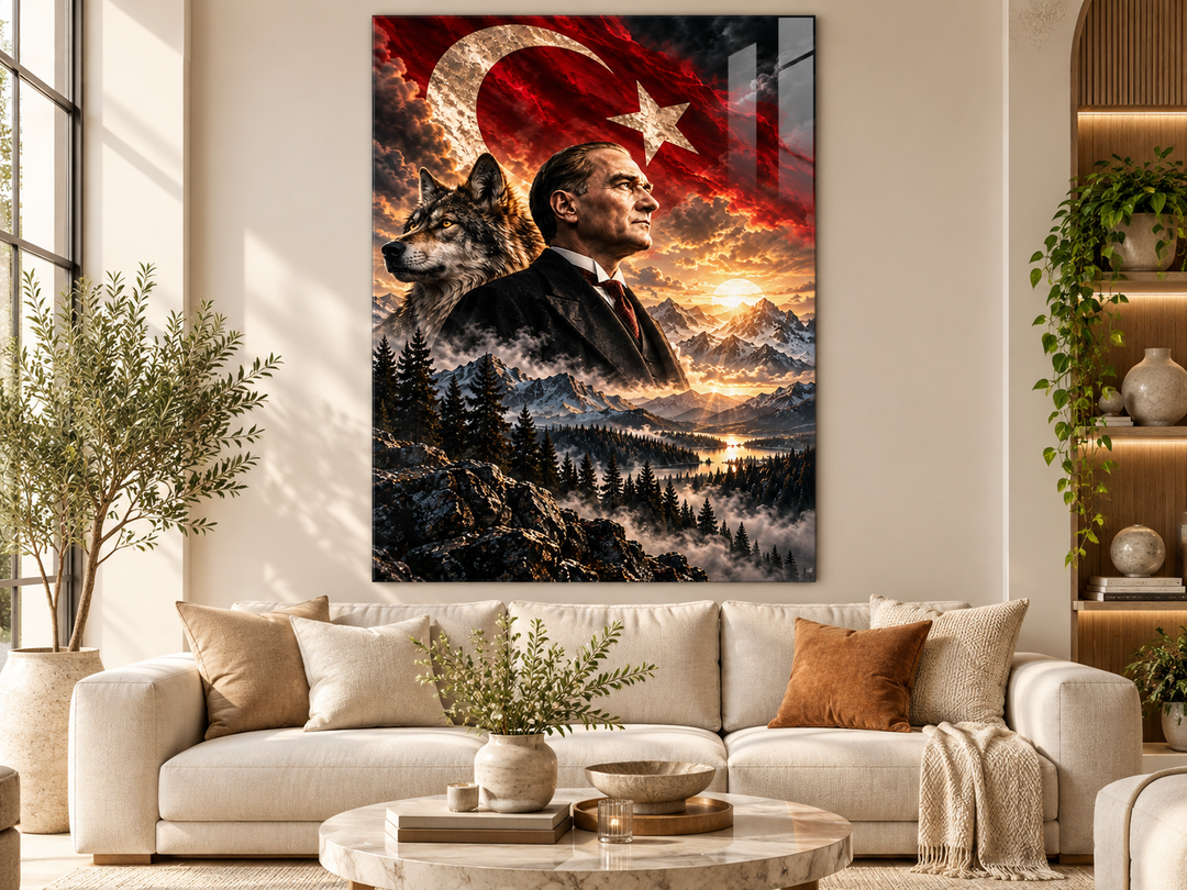 Atatürk Portresi ve Bozkurt Türk Bayrağı Temperli Cam Tablo – görünüm 4