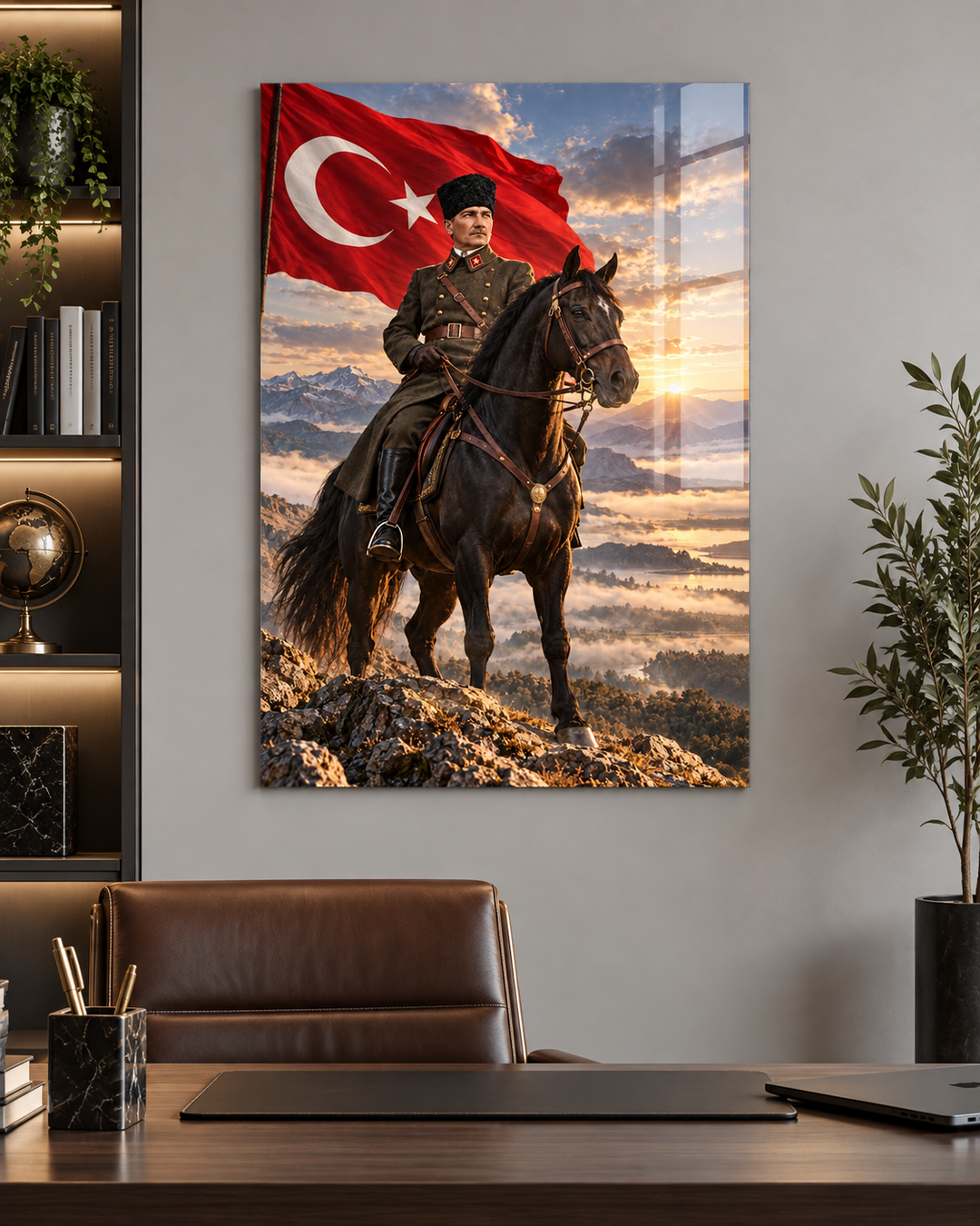 At Üstünde Atatürk ve Türk Bayrağı Temperli Cam Tablo – görünüm 3