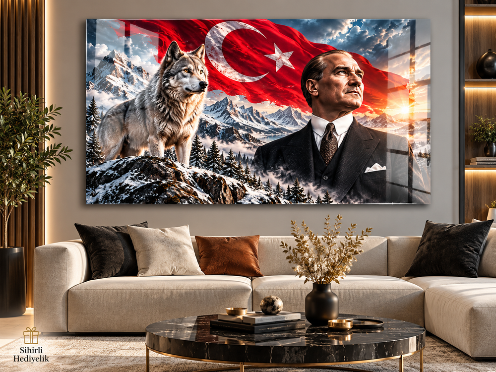 Atatürk ve Bozkurt Temalı Temperli Cam Tablo – Model 32