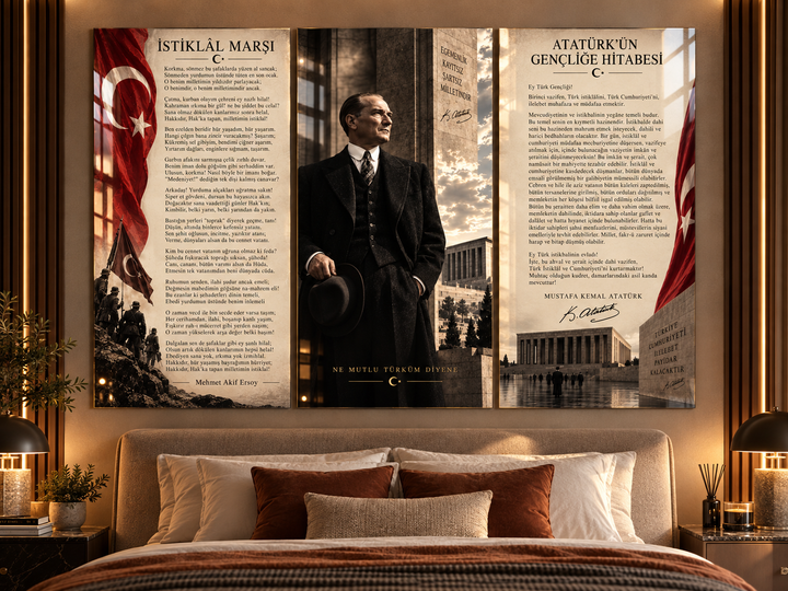 Atatürk, İstiklal Marşı ve Gençliğe Hitabe 3’lü Cam Tablo Seti – Model 25 – görünüm 3