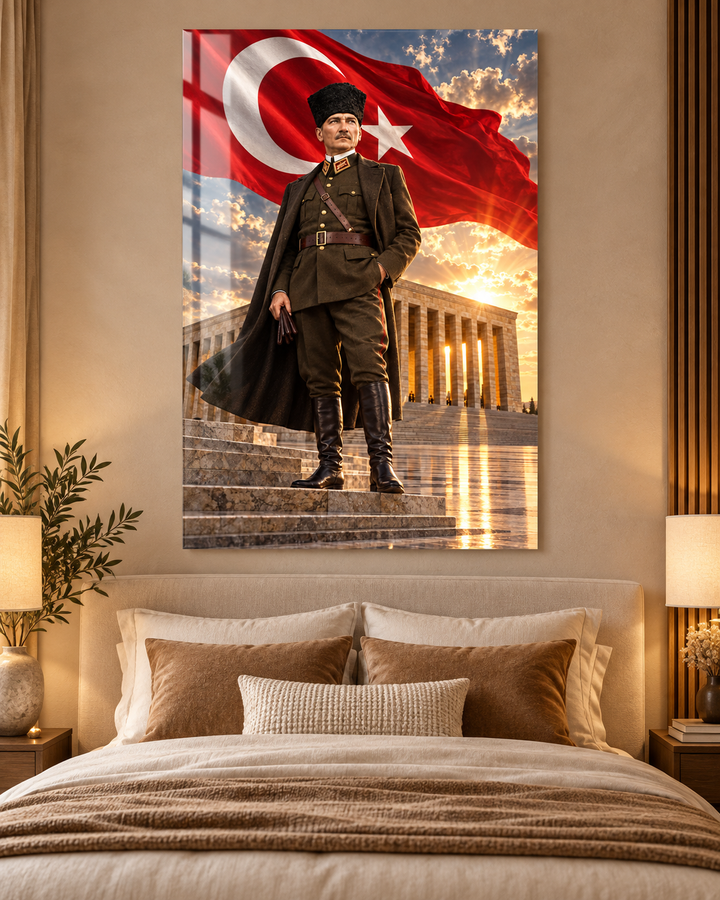 Anıtkabir ve Türk Bayrağı Önünde Tam Boy Atatürk Temperli Cam Tablo – görünüm 2