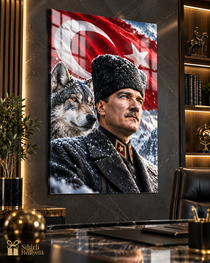 Atatürk ve Bozkurt Temalı Temperli Cam Tablo – Model 21