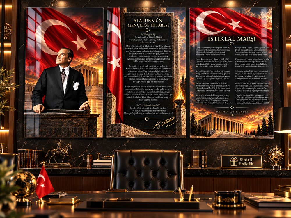 Atatürk, Gençliğe Hitabe ve İstiklal Marşı Cam Tablo Seti – Model 29