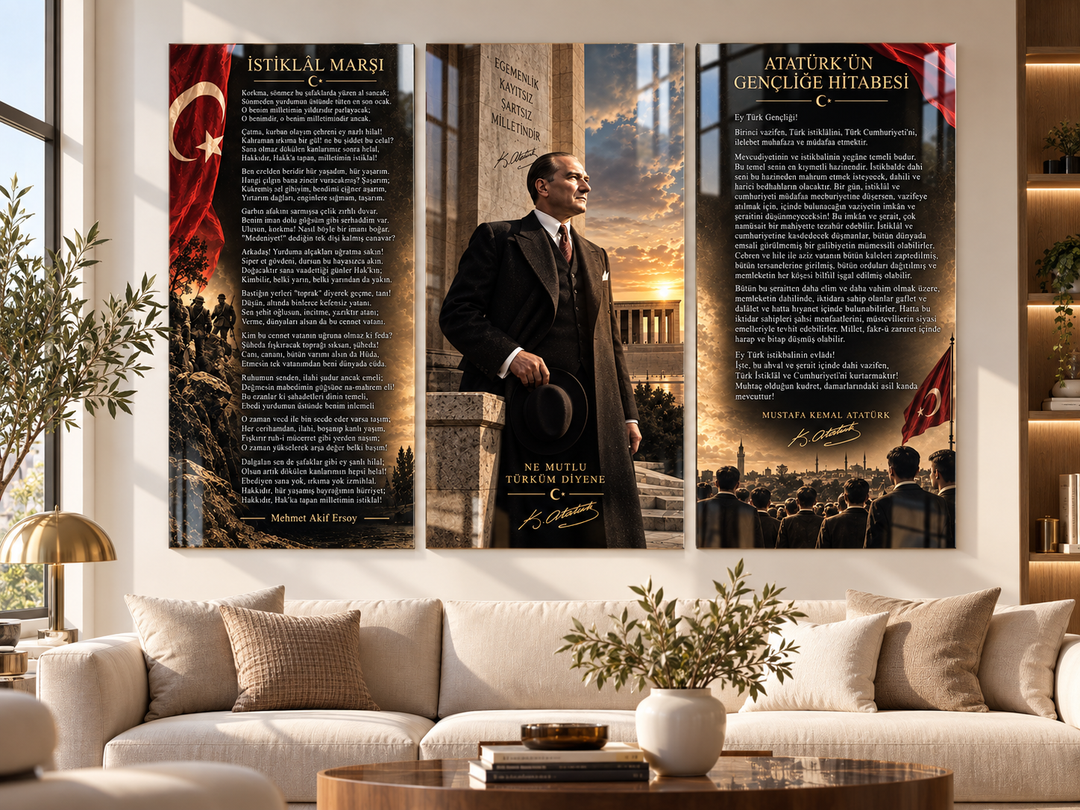 Atatürk, İstiklal Marşı ve Gençliğe Hitabe 3’lü Cam Tablo Seti – Model 24 – görünüm 2