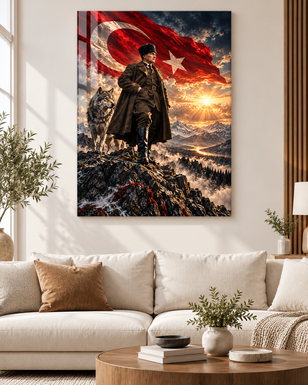 Atatürk, Bozkurt ve Türk Bayrağı Dağ Manzaralı Temperli Cam Tablo – görünüm 2