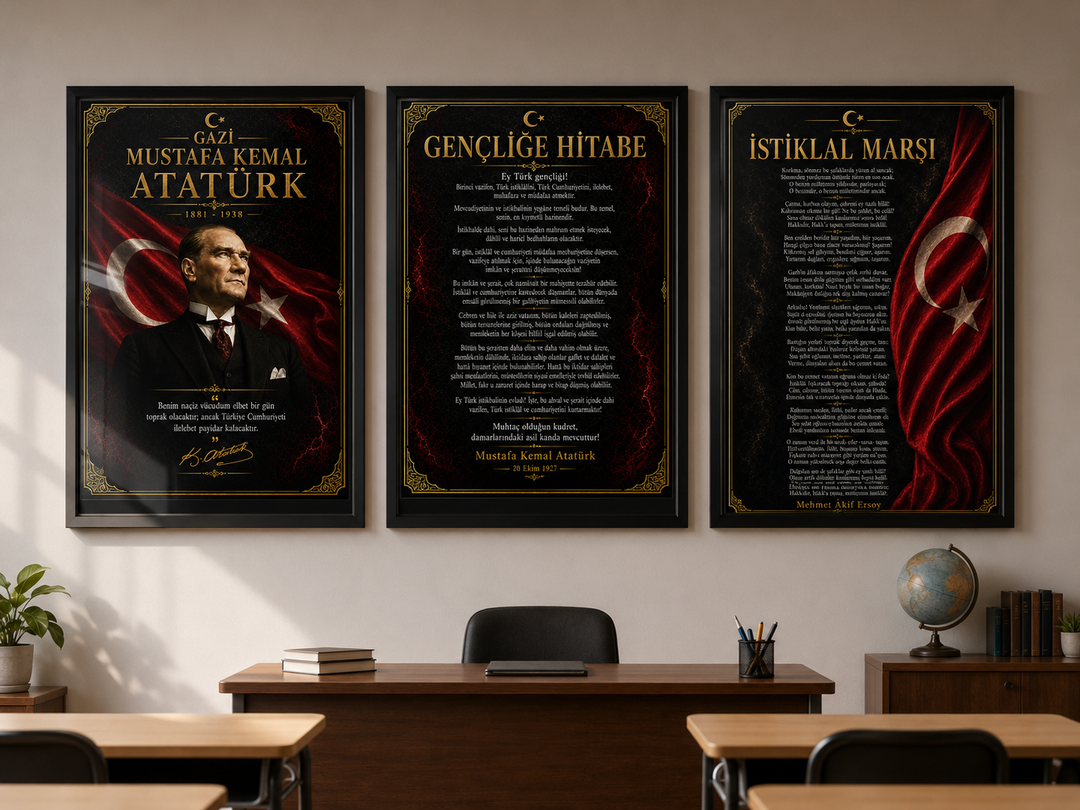 Atatürk 3’lü Cam Tablo Seti – İstiklal Marşı ve Gençliğe Hitabe