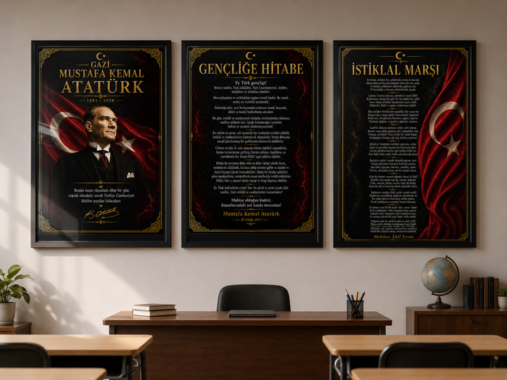 Atatürk 3’lü Cam Tablo Seti – İstiklal Marşı ve Gençliğe Hitabe