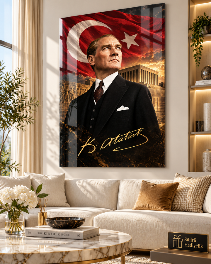Atatürk, Türk Bayrağı ve Anıtkabir Temalı Temperli Cam Tablo – Model 27