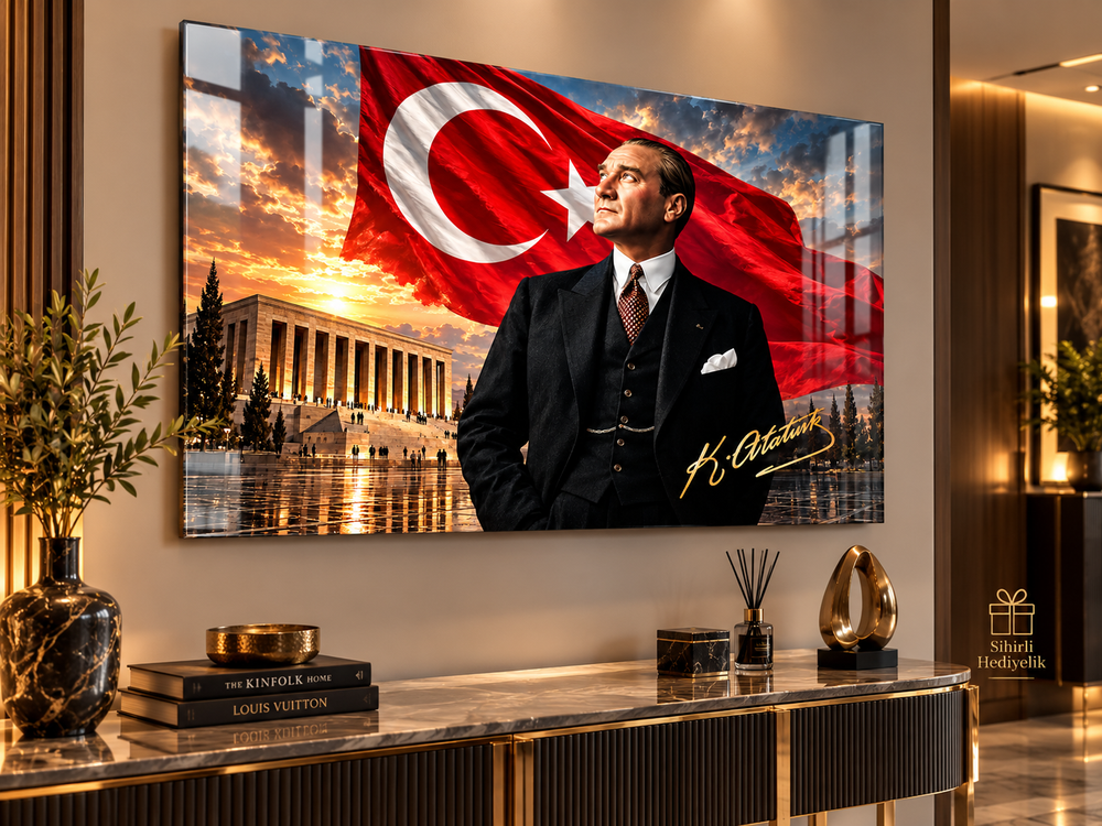 Atatürk ve Türk Bayrağı Temalı Temperli Cam Tablo – Model 15