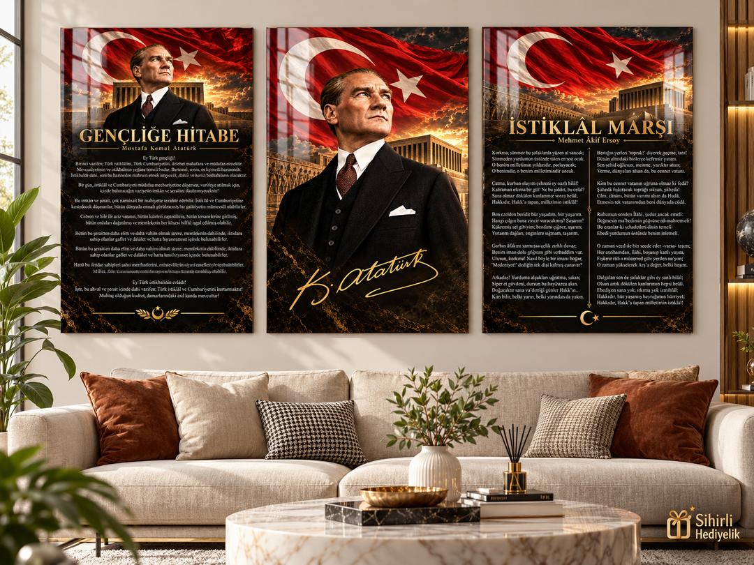 Atatürk, Gençliğe Hitabe ve İstiklal Marşı Cam Tablo Seti – Model 23
