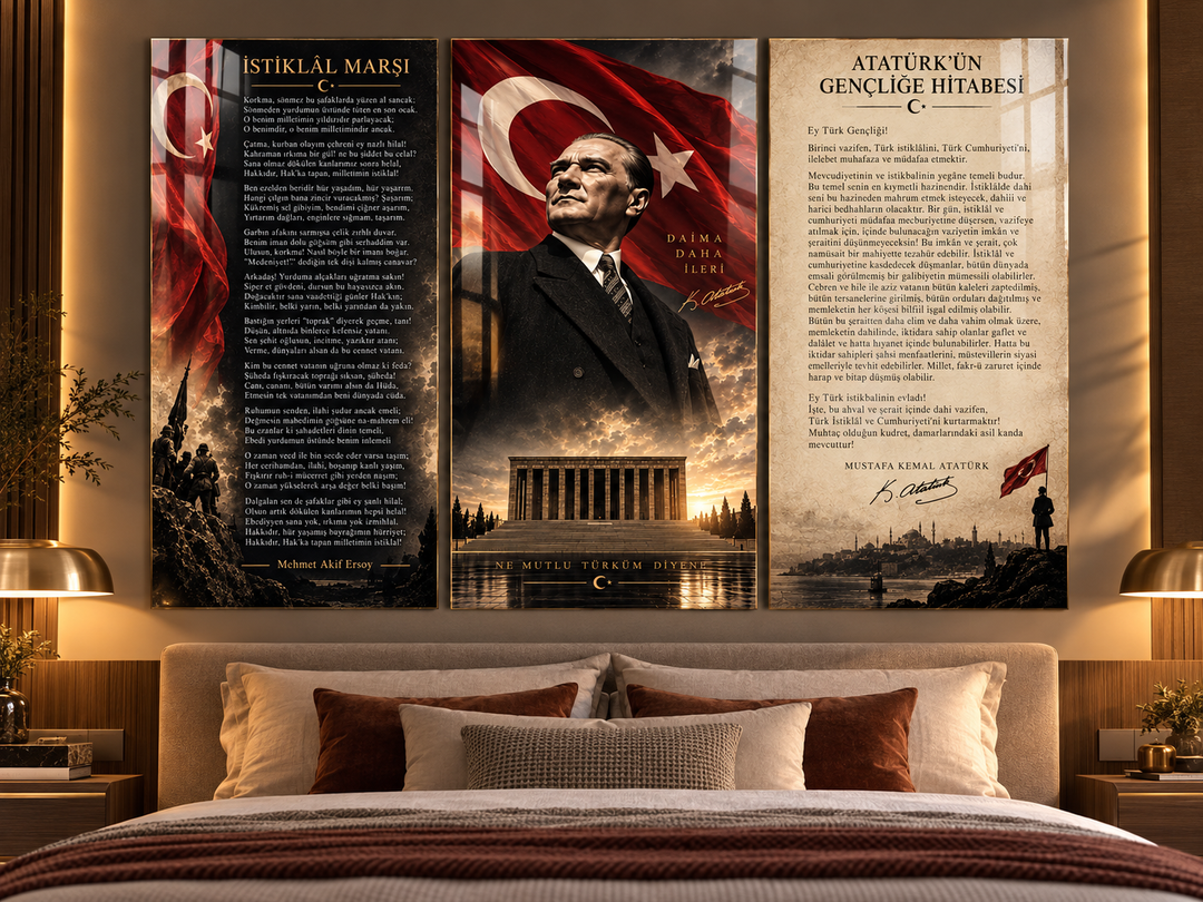 Atatürk, İstiklal Marşı ve Gençliğe Hitabe 3’lü Cam Tablo Seti – Model 23 – görünüm 1