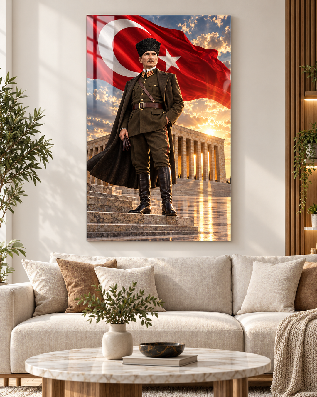 Anıtkabir ve Türk Bayrağı Önünde Tam Boy Atatürk Temperli Cam Tablo – görünüm 3