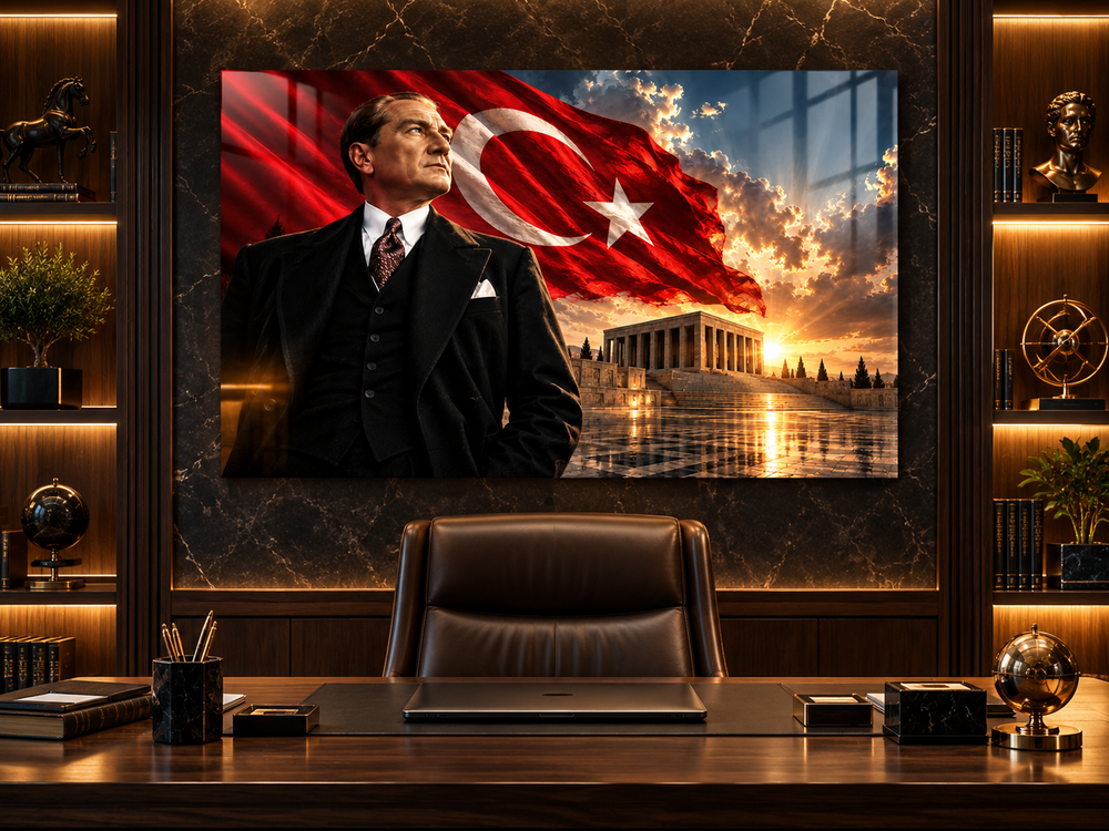 Atatürk, Türk Bayrağı ve Anıtkabir Gün Batımı Temperli Cam Tablo – görünüm 2