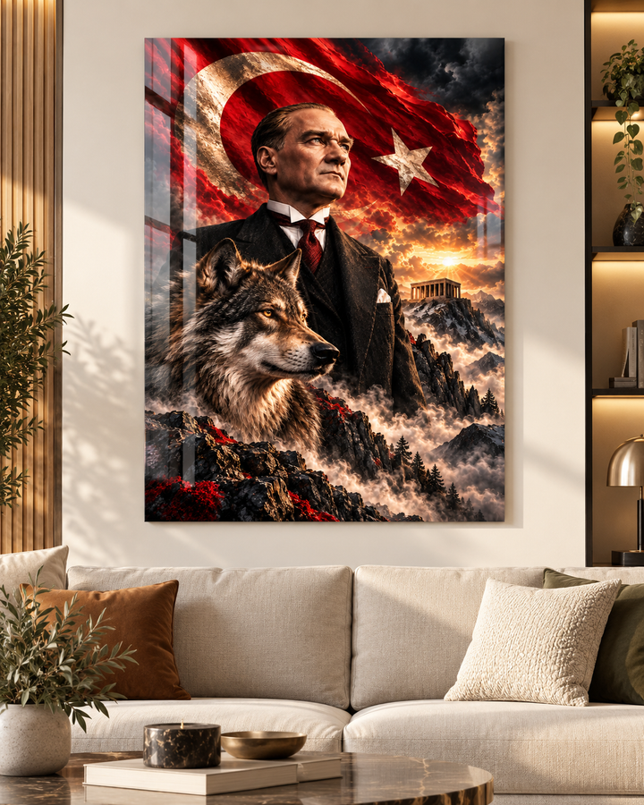 Atatürk ve Bozkurt Gün Batımı Dağ Manzaralı Temperli Cam Tablo – görünüm 1