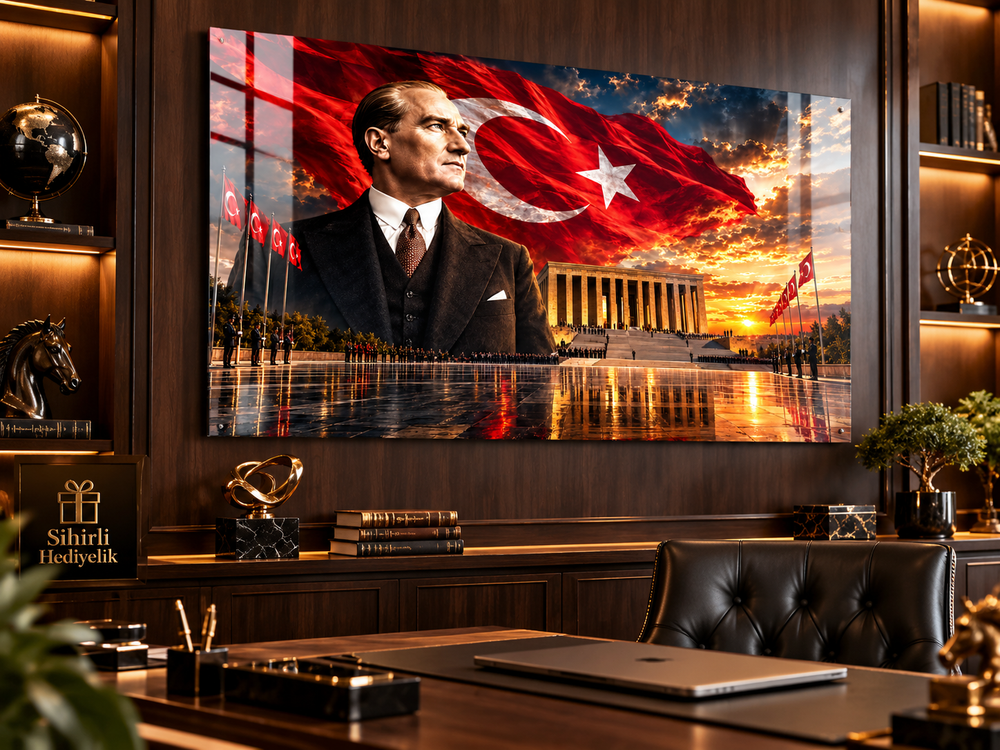Atatürk ve Türk Bayrağı Temalı Temperli Cam Tablo – Model 35