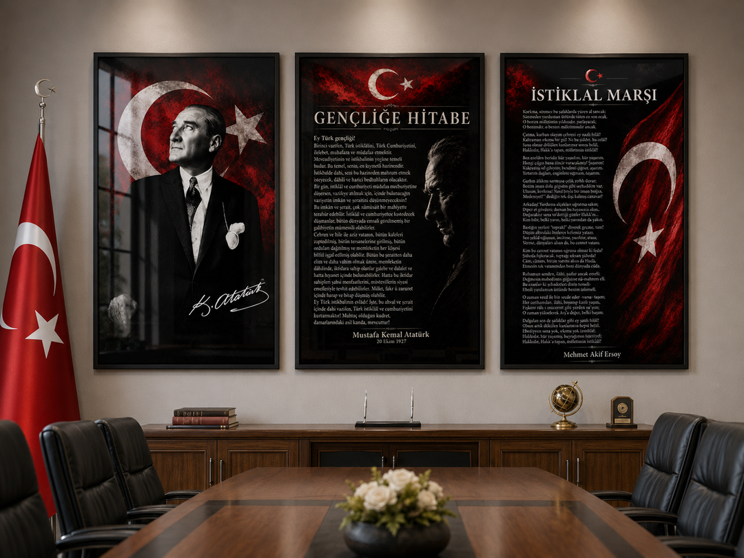 Modern Atatürk 3’lü Cam Tablo Seti – Ofis ve Salon