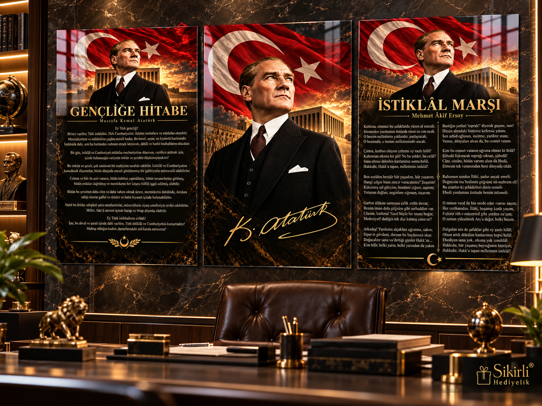 Atatürk, Gençliğe Hitabe ve İstiklal Marşı Cam Tablo Seti – Model 23