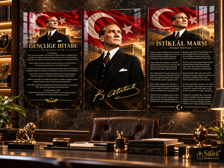 Atatürk, Gençliğe Hitabe ve İstiklal Marşı Cam Tablo Seti – Model 23