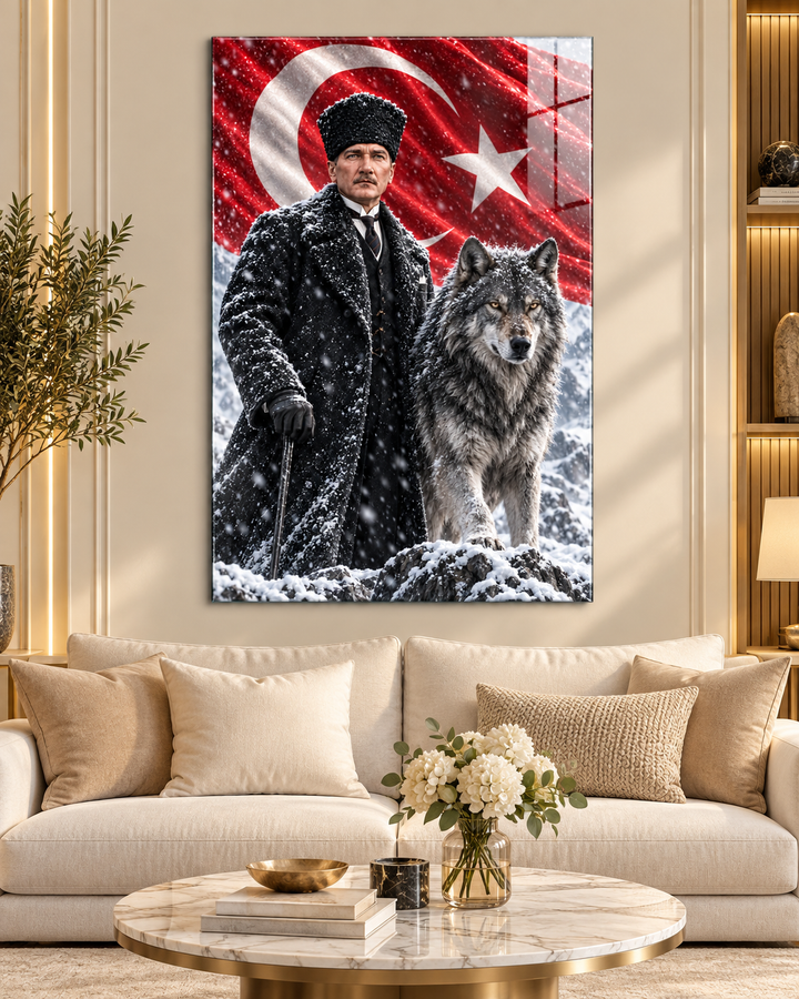 Atatürk, Bozkurt ve Türk Bayrağı Kış Manzaralı Temperli Cam Tablo – görünüm 3