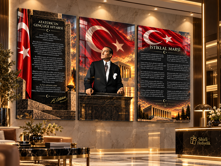 Atatürk, Gençliğe Hitabe ve İstiklal Marşı Cam Tablo Seti – Model 29