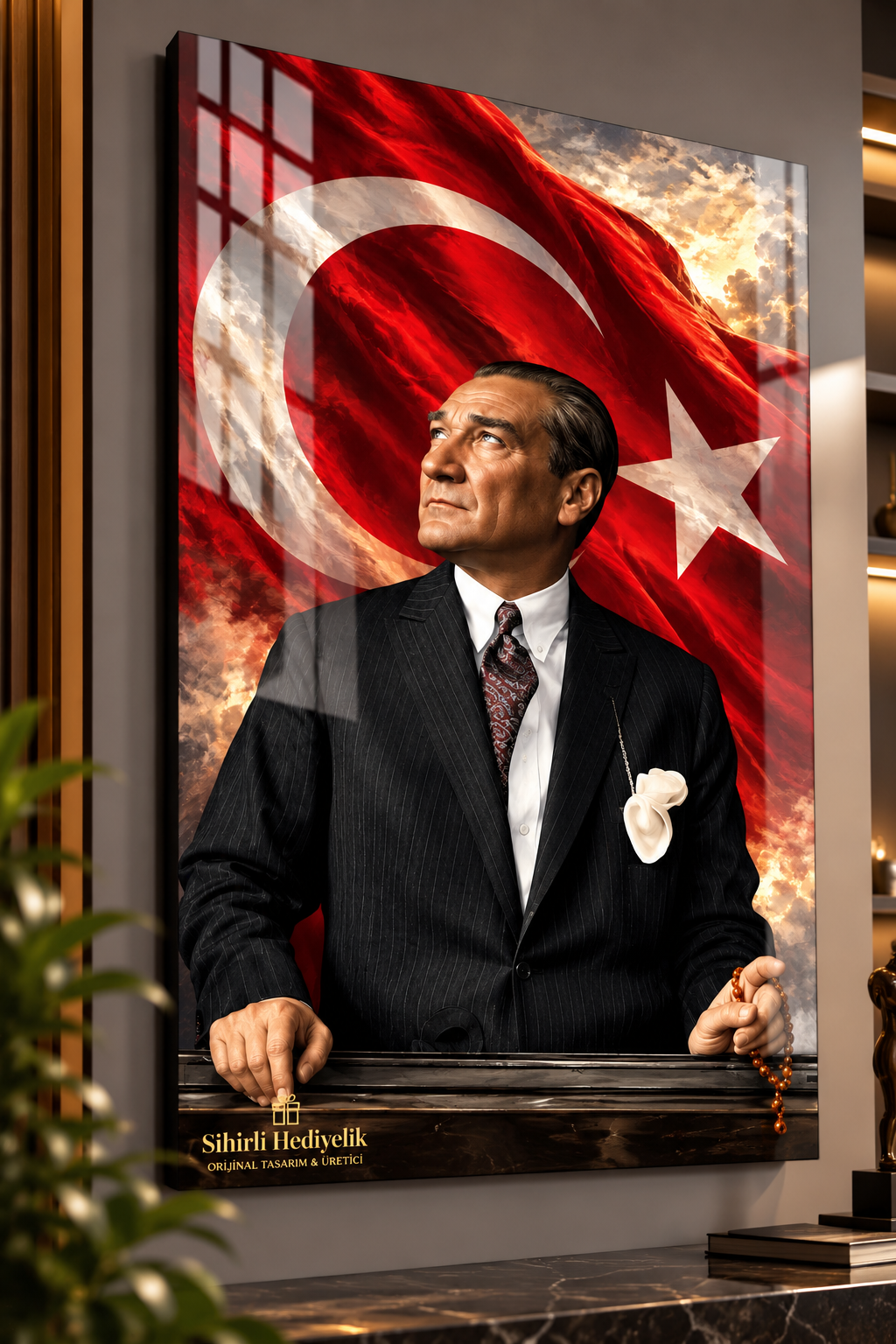 Atatürk ve Türk Bayrağı Temalı Temperli Cam Tablo – Model 07