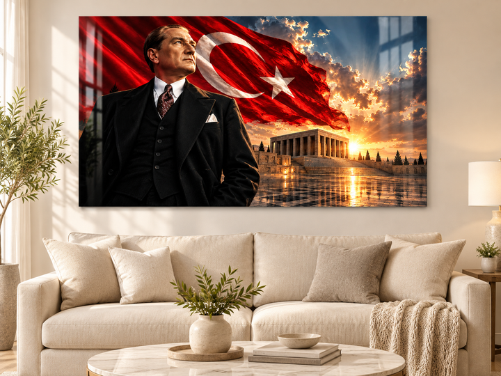 Atatürk, Türk Bayrağı ve Anıtkabir Gün Batımı Temperli Cam Tablo – görünüm 3