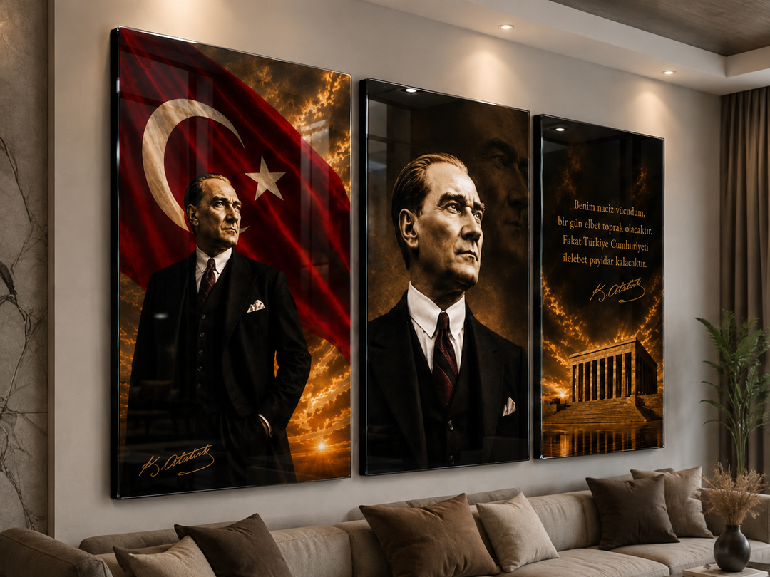 Atatürk 3’lü Cam Tablo Seti – Cumhuriyet Ruhunu Duvarlarınıza Taşıyın