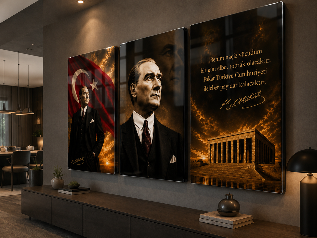 Atatürk 3’lü Cam Tablo Seti – Cumhuriyet Ruhunu Duvarlarınıza Taşıyın