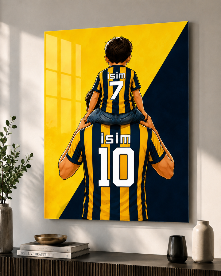 Kişiye Özel Sarı Lacivert Cam Tablo | İsim ve Forma Numaralı