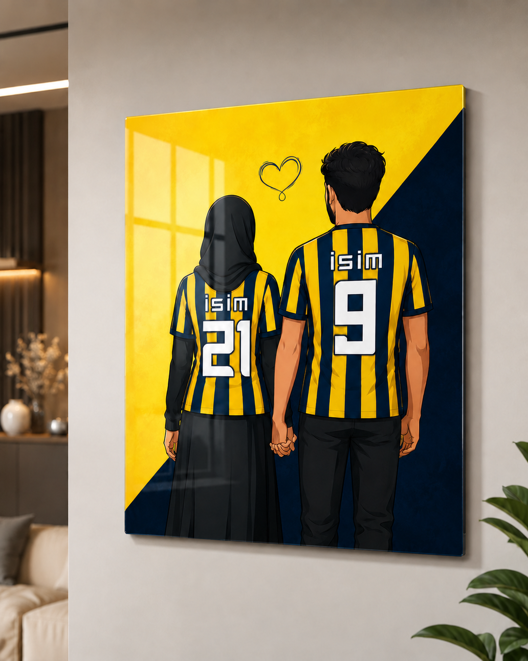 Kişiye Özel Sarı Lacivert Cam Tablo | İsim ve Forma Numaralı