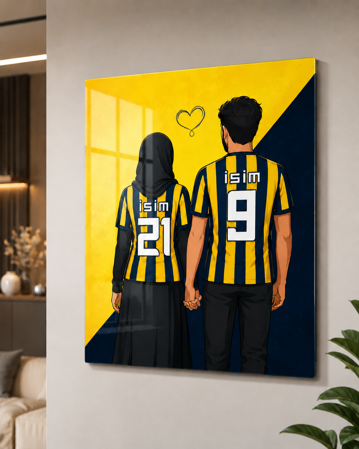 Kişiye Özel Sarı Lacivert Cam Tablo | İsim ve Forma Numaralı