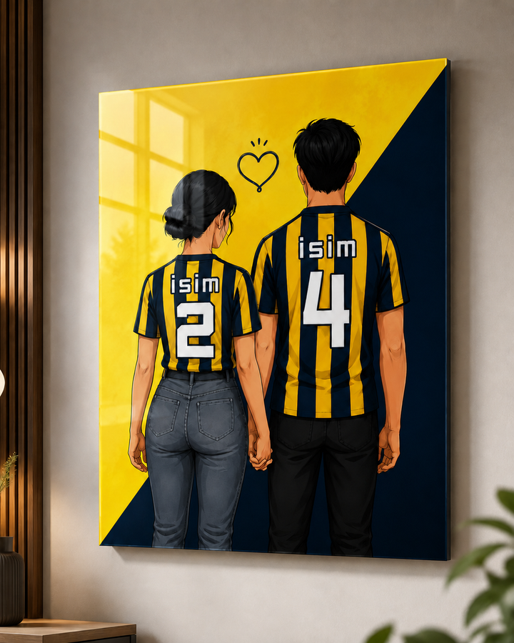 Kişiye Özel Sarı Lacivert Cam Tablo | İsim ve Forma Numaralı