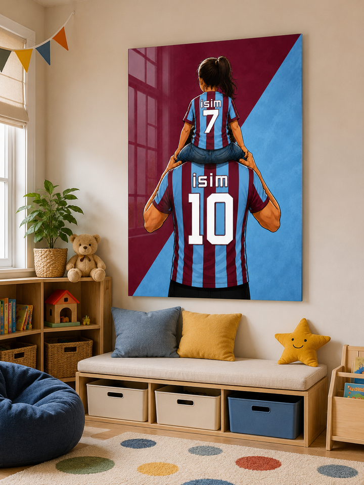 Kişiye Özel Bordo Mavi Cam Tablo | İsim ve Forma Numaralı