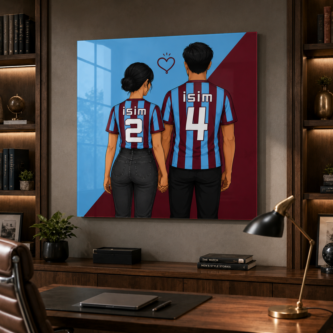 Kişiye Özel Bordo Mavi Cam Tablo | İsim ve Forma Numaralı