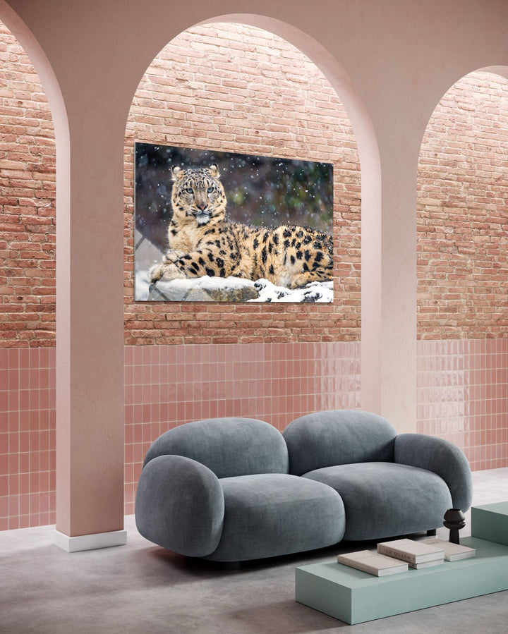 Kar Leoparlı Cam Tablo