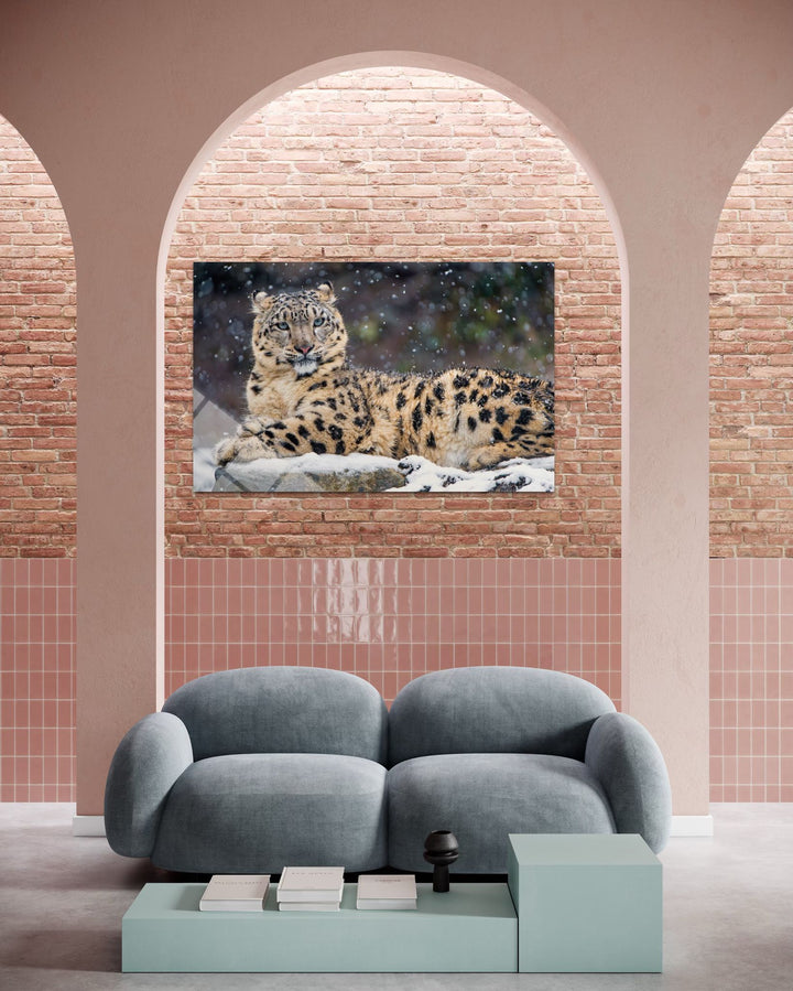 Kar Leoparlı Cam Tablo