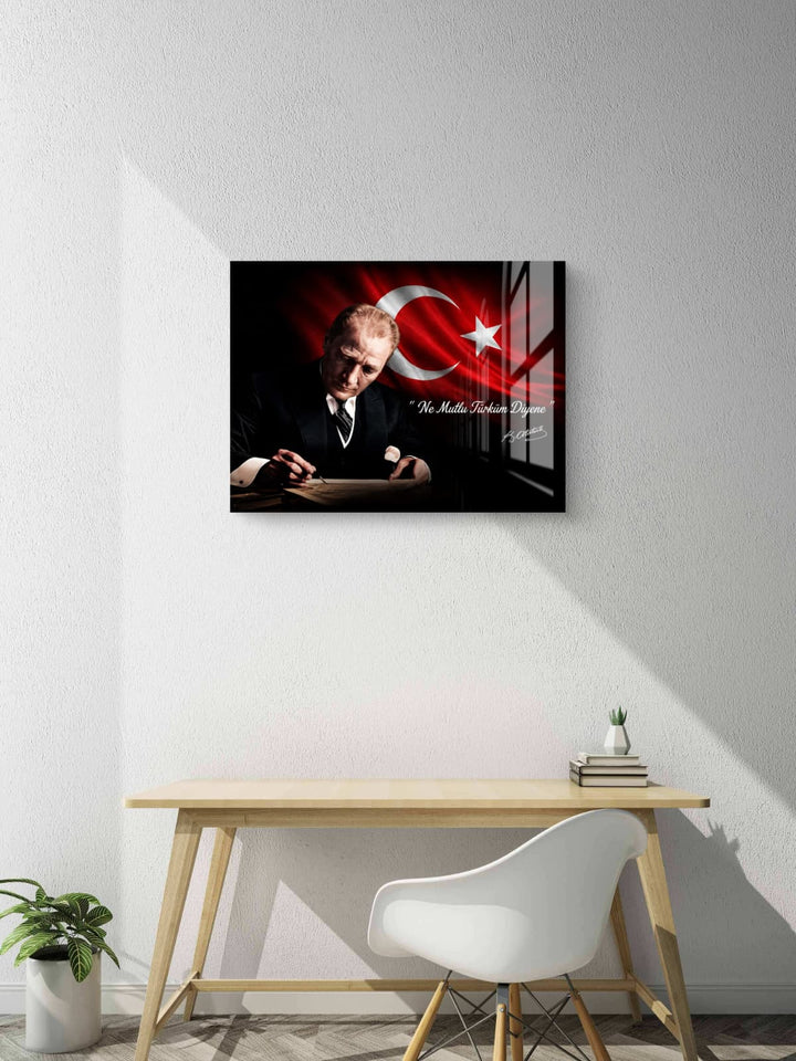 Modern Atatürk Portresi Temperli Cam Tablo – Türk Bayraklı