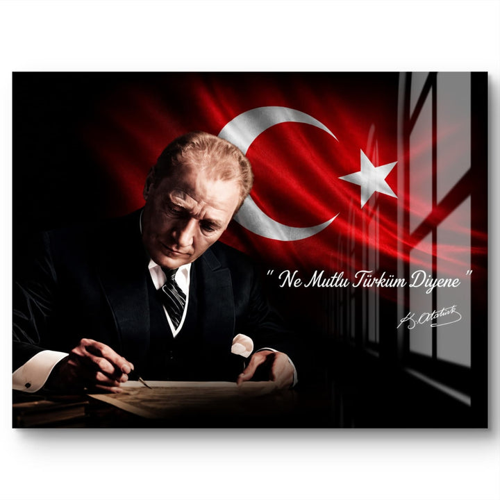 Modern Atatürk Portresi Temperli Cam Tablo – Türk Bayraklı