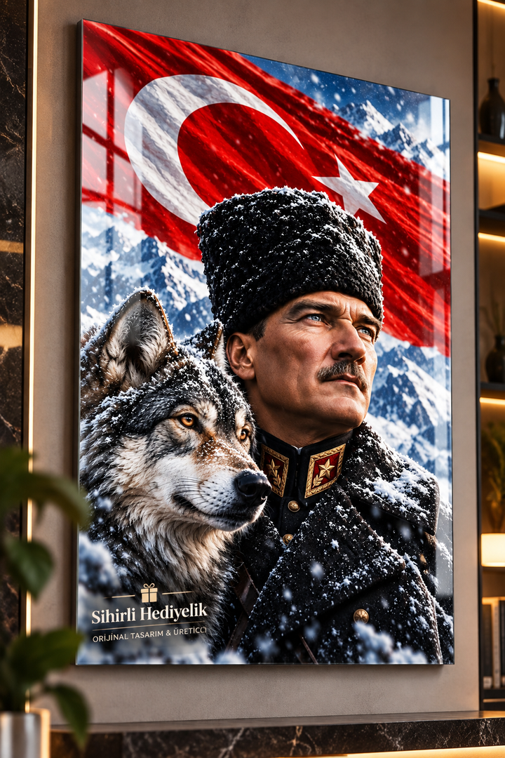 Atatürk ve Türk Bayrağı Dekoratif Temperli Cam Tablo – Model 03
