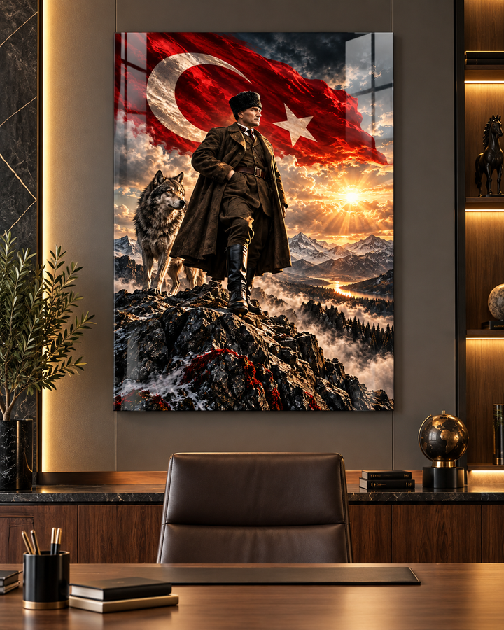 Atatürk, Bozkurt ve Türk Bayrağı Dağ Manzaralı Temperli Cam Tablo – görünüm 3