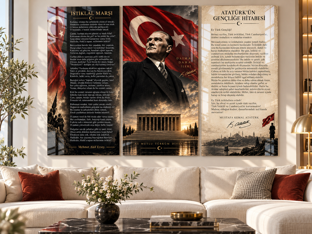 Atatürk, İstiklal Marşı ve Gençliğe Hitabe 3’lü Cam Tablo Seti – Model 23 – görünüm 2