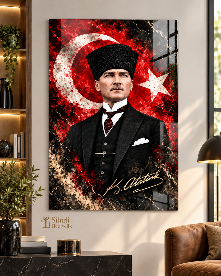 Atatürk ve Türk Bayrağı Temalı Temperli Cam Tablo – Model 16