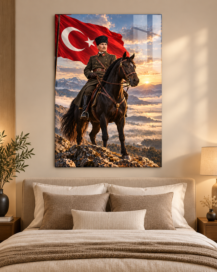 At Üstünde Atatürk ve Türk Bayrağı Temperli Cam Tablo – görünüm 4