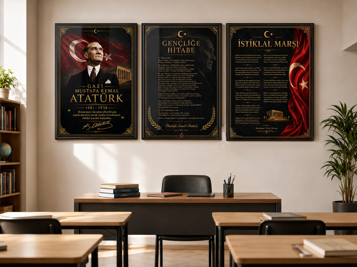 Atatürk 3’lü Cam Tablo Seti – Modern Duvar Dekoru – yakın plan ürün görünümü