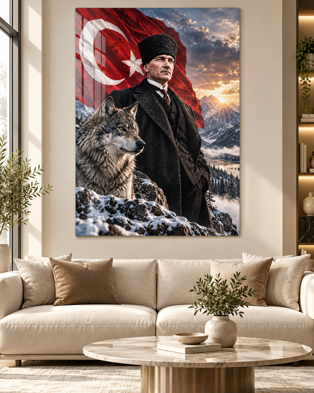 Atatürk ve Bozkurt Karlı Dağlar Temperli Cam Tablo – görünüm 3