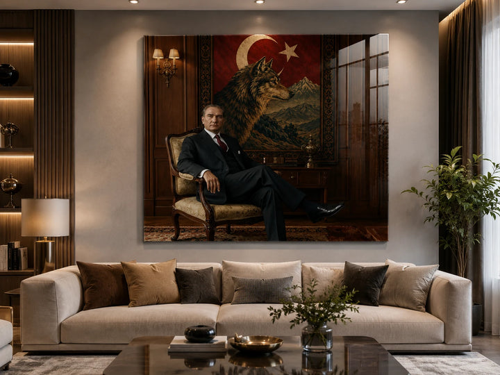 Bozkurt ve Türk Bayrağı Fonlu Oturan Atatürk Cam Tablo – alternatif oda görünümü 1
